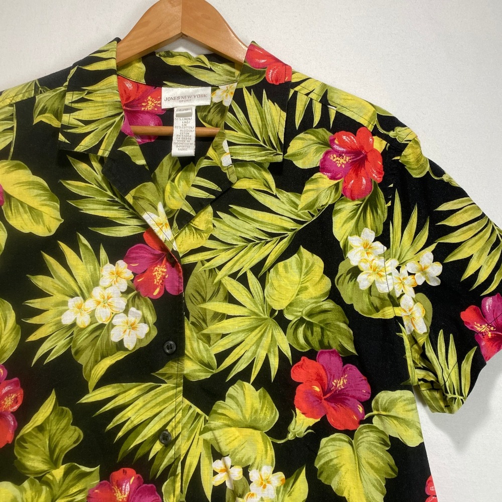 Jones New York Sport Mens sz‎ L Black Tropical Hibiscus Linen Cotton Camp Shirt
